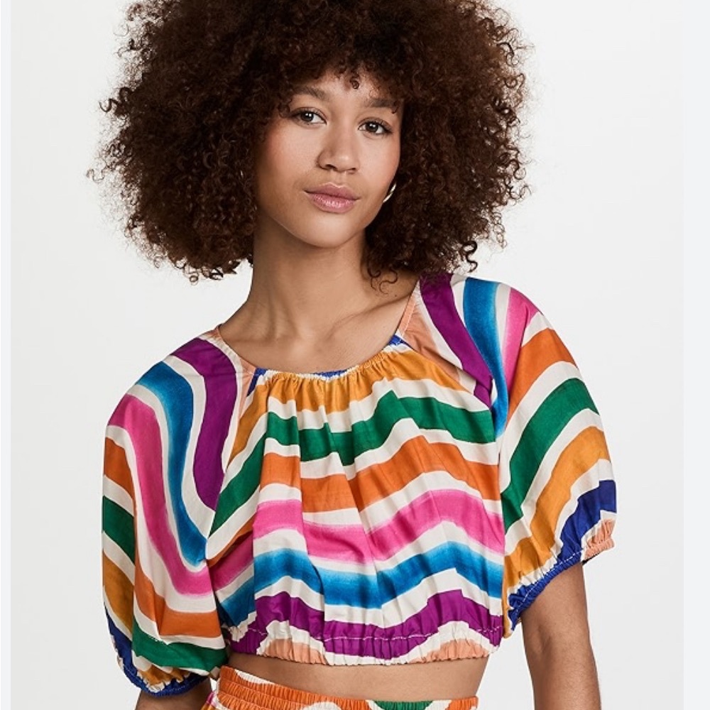 FARM Rio Dancing Stripes cropped printed cotton-poplin top
